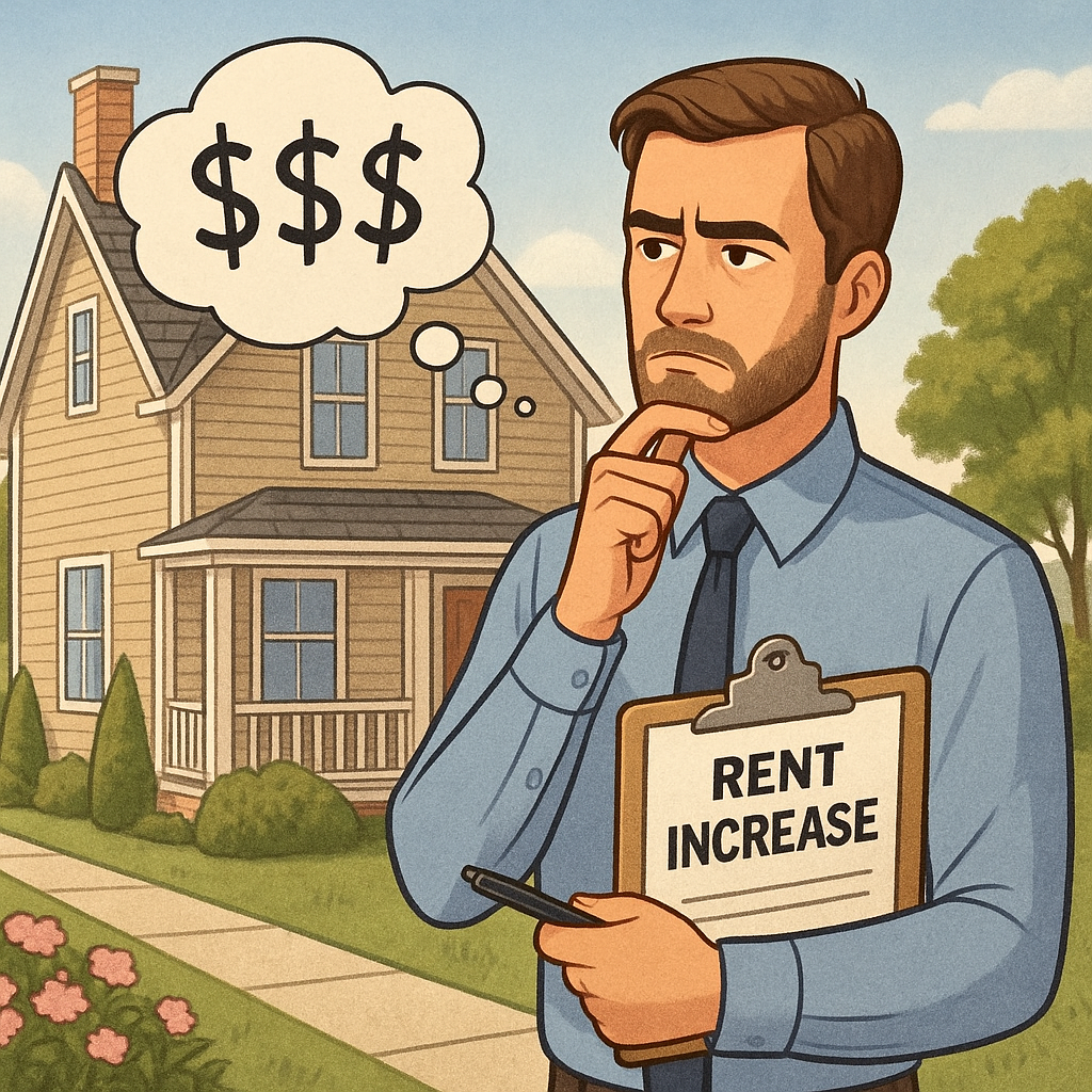 Property management professional considering a rent increase in front of a suburban house — landlord advice for California and Arizona rent increase laws.