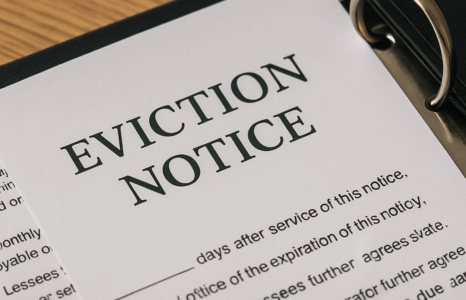 Eviction notice on legal paperwork with a binder, symbolizing California eviction process.