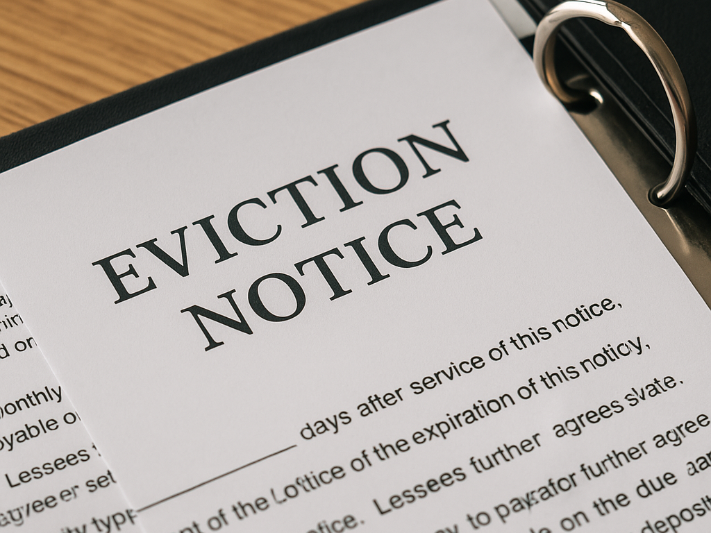 Eviction notice on legal paperwork with a binder, symbolizing California eviction process.